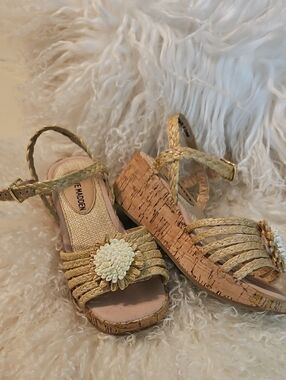 Steve Madden Natural Braided Cork Wedge Sandals with Floral Accent